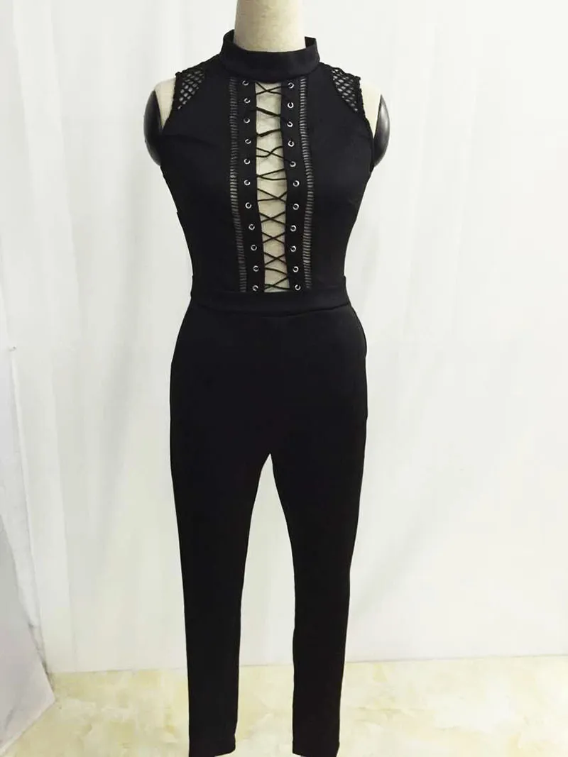 Black Color Ladies HL Bandage Jumpsuit Hollow Out Full Length Sexy Wing ...