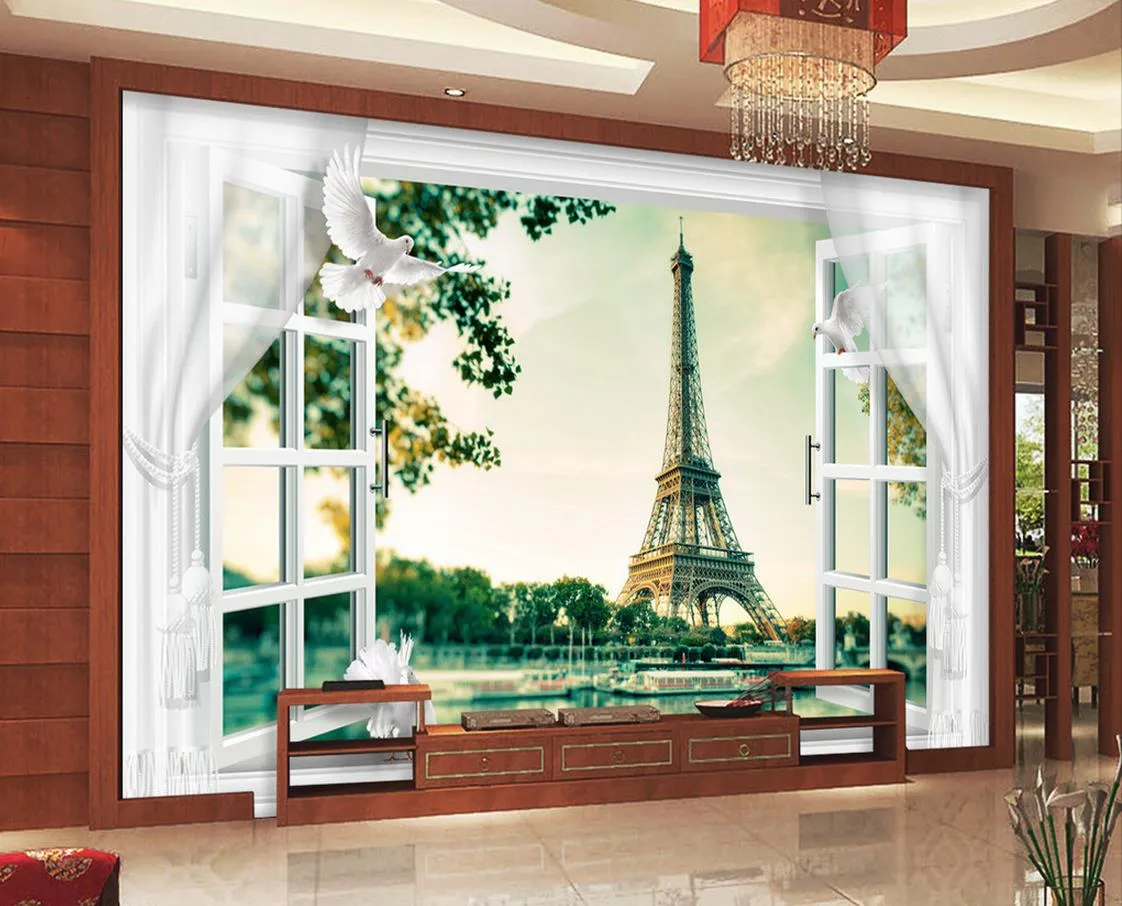 Haute qualité Costom Paris 3D fenêtres et portes rideaux Tour Eiffel TV murale papier peint pour murs 3 d pour salon