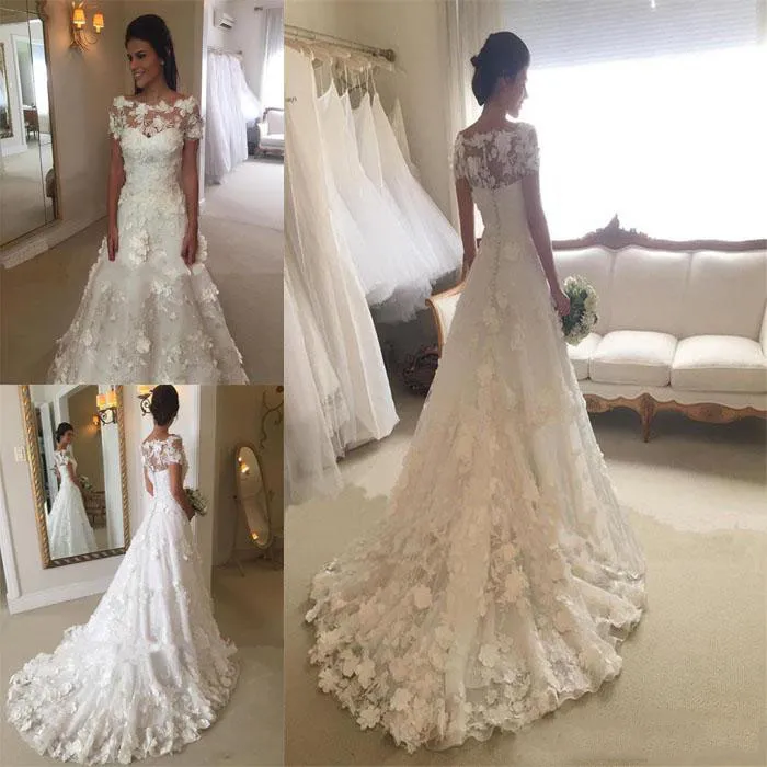 2018 Bateau vestidos de casamento com apliques de renda de volta com zíper mangas curtas vestidos de casamento varrer trem Custom Made vestidos de noiva bonito