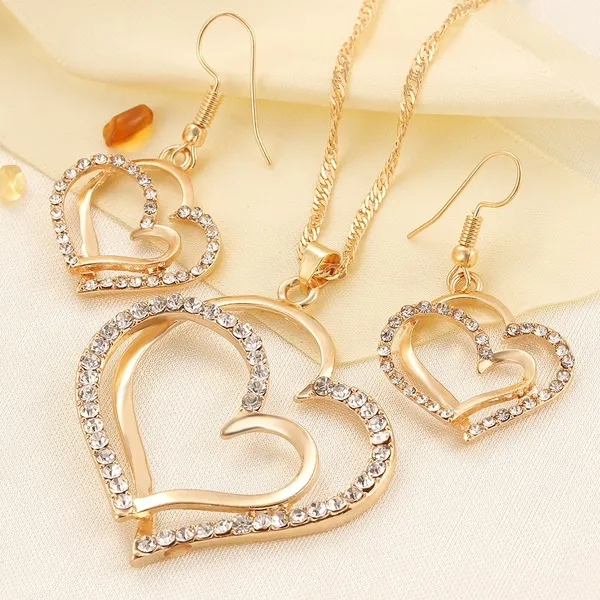 Luxus Hochzeit Halskette und Ohrring Set Fashion Gold Silber Kristall Charm Herz Schmuck