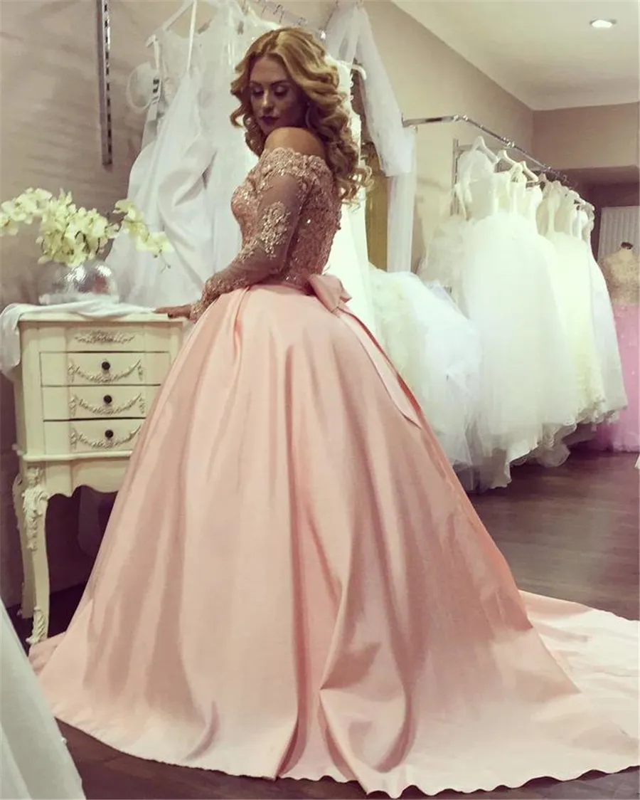 Ball Gown Off-the-Shoulder Gold Lace Bowknot Long Sleeves Prom Dresses Satin Coral Evening Gowns vestidos de fiesta largos