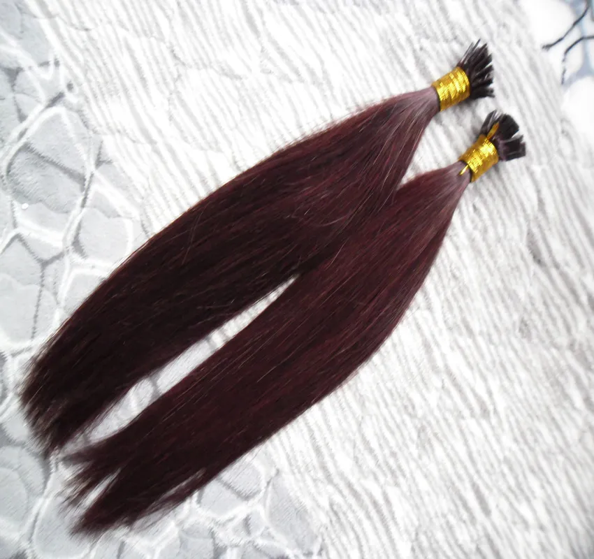 Brazilian Straight hair 99J Red Wine 100g Not remy Stick/Flat I-Tip Hair Extensions capsule keratin fusion hair extensions