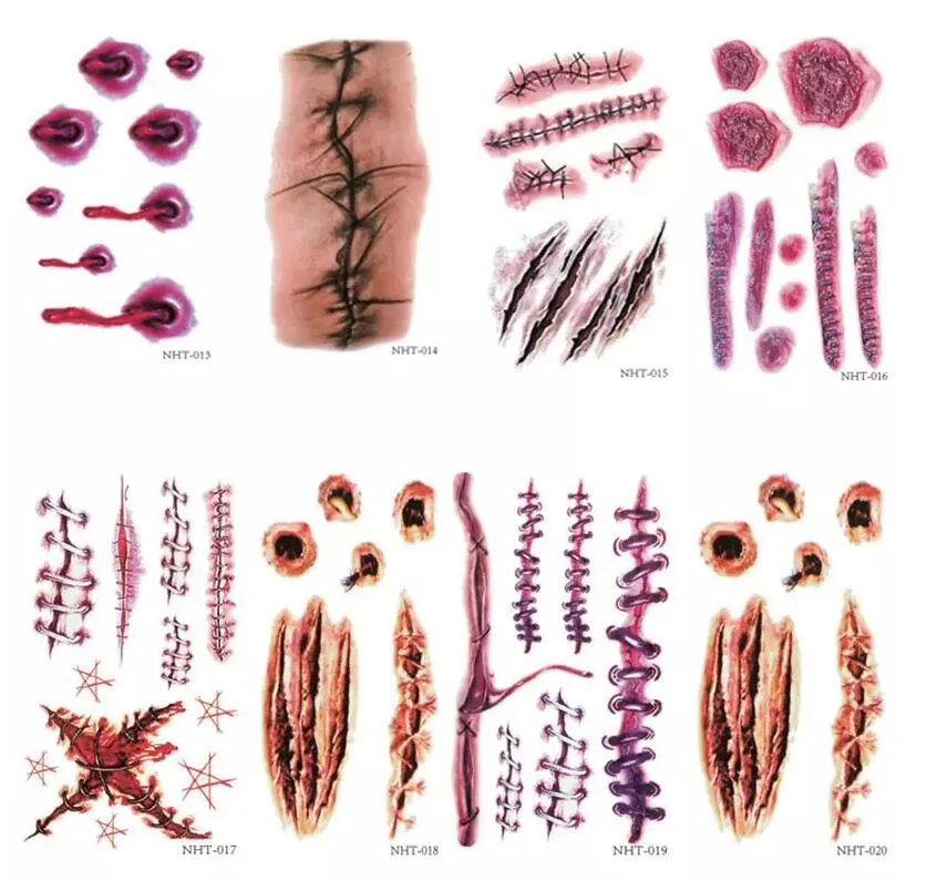 Kinwers Halloween Tatuaggi,30 Fogli Adesivi per Tatuaggi Finti di Zombie,Tatuaggi Temporanei Cicatrici Halloween,per Trucco Cosplay di Halloween