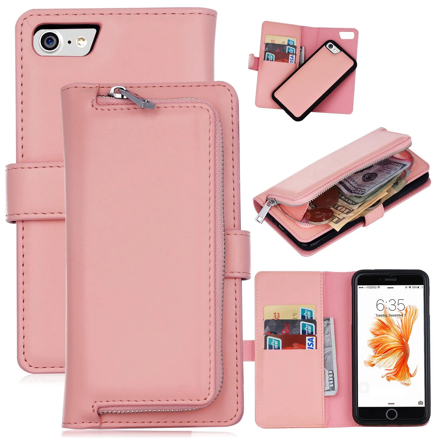2 in 1 Magnet Detachable Removable Zipper Leather Wallet Cases Cover for iphone 7 8 