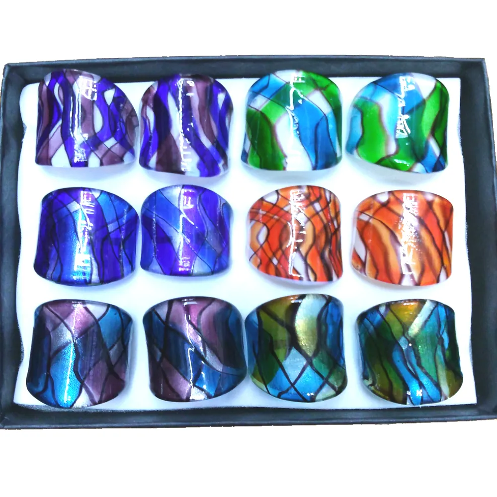 Renkli Şerit Tasarımı Ile gümüş Folyo Cam Yüzük, tüm Cam İşi Takı Paketi 12 adet Ücretsiz Kargo