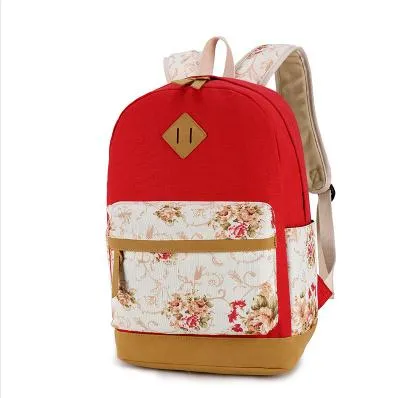 Marca de diseñador de la marca Genuine Floral Lona de lienzo de cuero mochilas para la escuela para adolescentes mochila para mujeres.