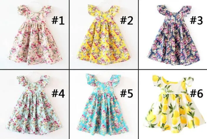 11 designer körsbär citron bomull baklöst tjejer blommig strand klänning söt baby sommar backless halter dress barn vintage blomma klänning