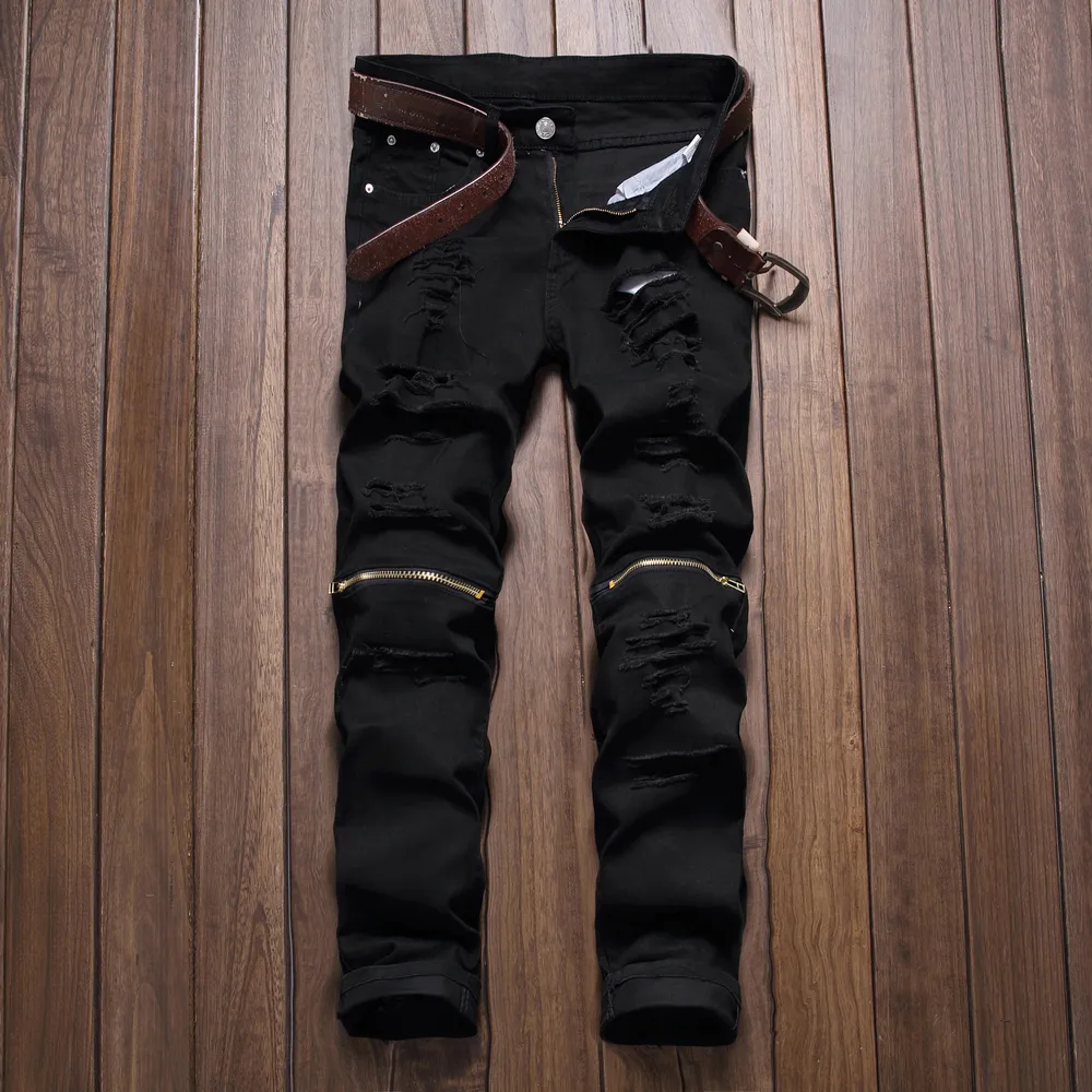 Wholesale-Hip-hop Men's Ripped black Jeans Fashion Patchwork Men's Casual Long Pants 2016 Brand Skinny Slim Fit Biker Pencil Jeans Design