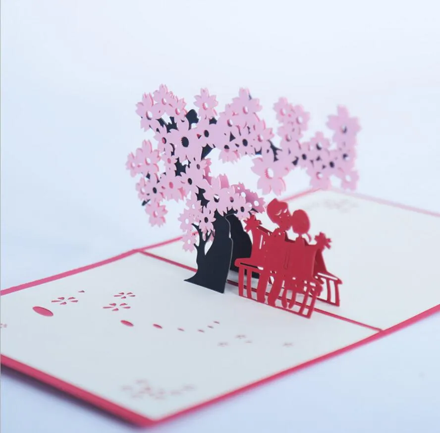 10 Stück Kirschbaum-Liebhaber, handgefertigt, Kirigami-Origami-3D-Pop-Up-Grußkarten, Einladungskarte für Hochzeit, Geburtstag, Party, Geschenk