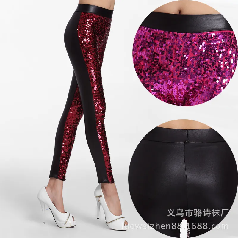 Leggings in tunica in pelle PU con paillettes e paillettes sexy da donna alla moda europea di nuovo design