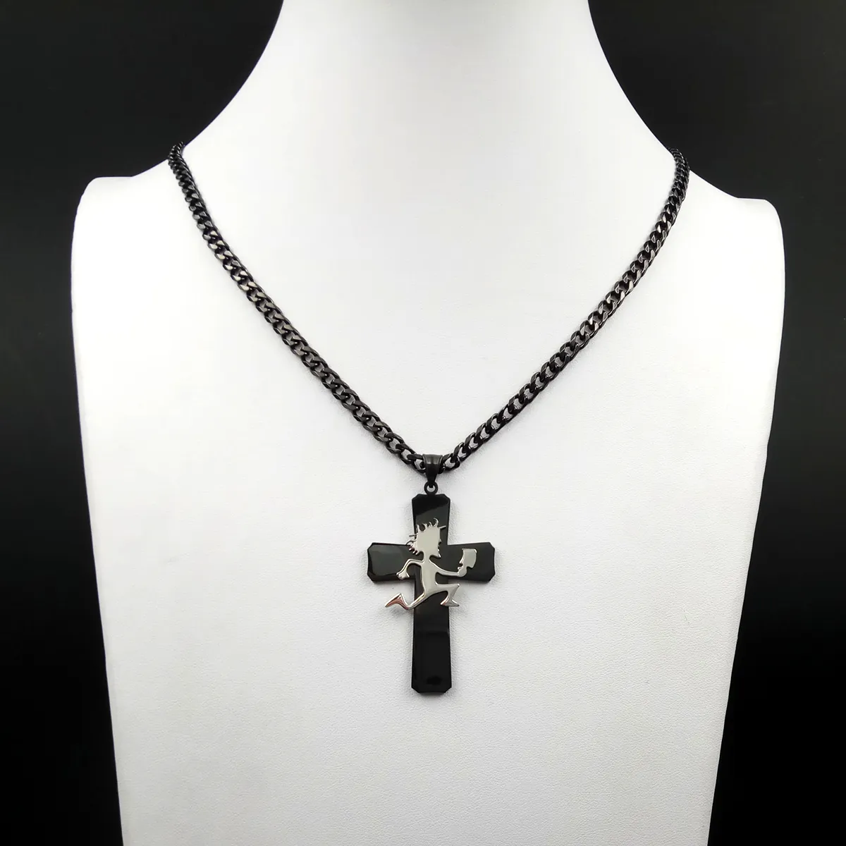 Free ship black silver ICP Jewelry Punk Stainless Steel Large cross with Hatchetman Juggalette Pendant with 5mm 24 inch curb chain Necklace