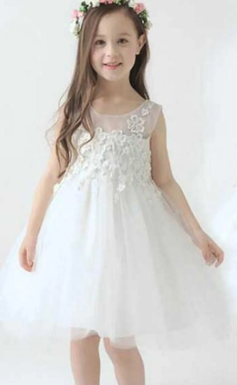 Beyaz Tutu Sheer Boyun Çiçek Kız Elbise Bir Çizgi Kapalı Fermuar Abiye Çay Boyu Tül Kız Çocuk Pageant Elbise