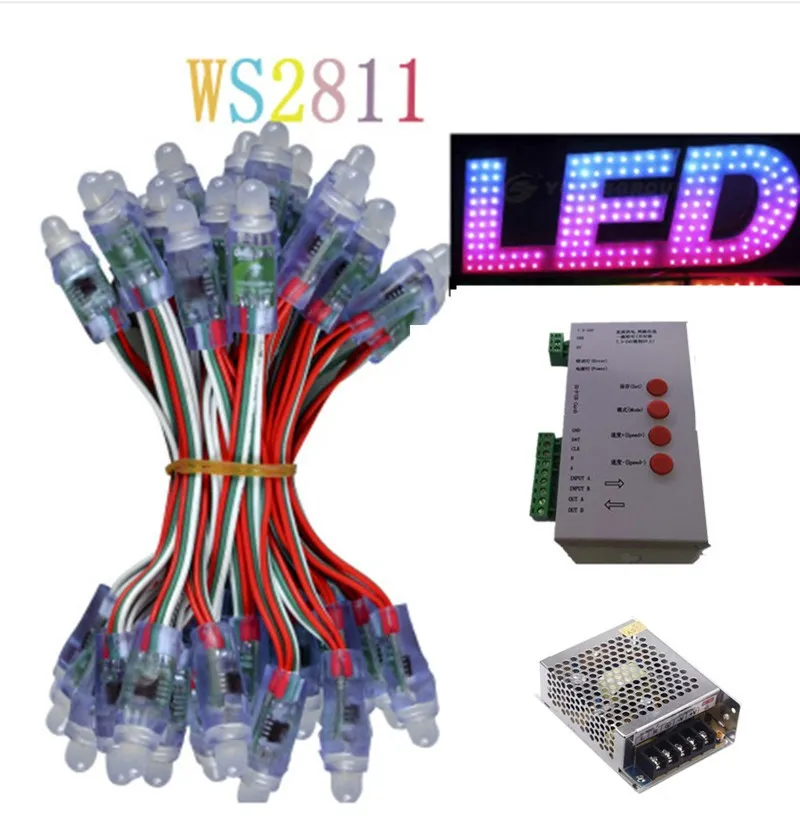 DHL1000PCS WS2811 LED 픽셀 모듈 DC 5V 12mm IP68 RGB 확산 주소 지정 + T1000S 컨트롤러 + 1PCS 60A 전원 어댑터