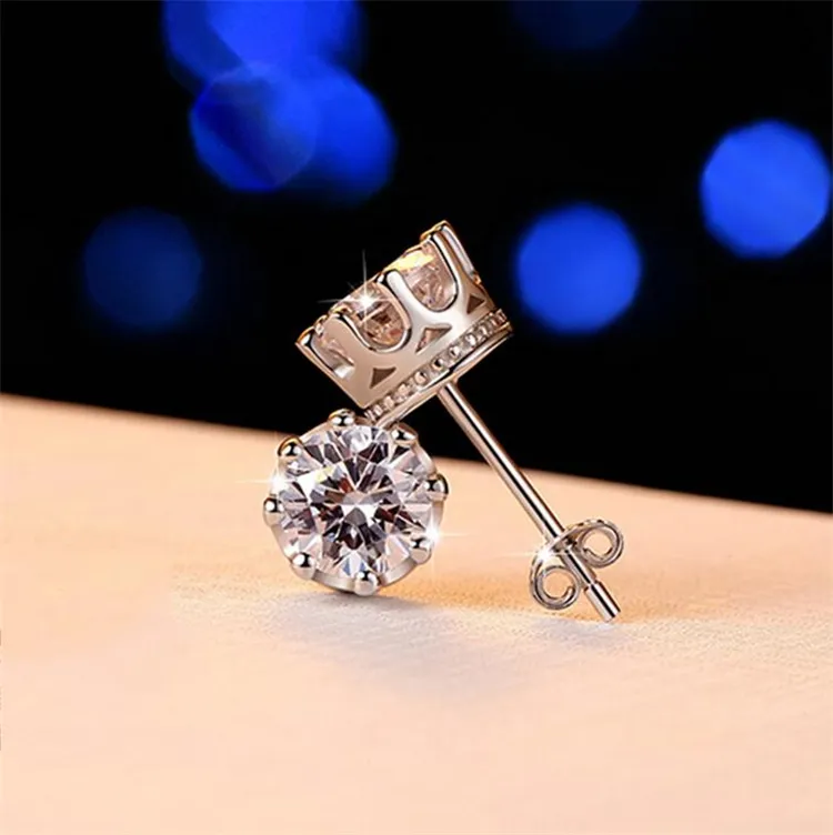 Round Zircon Crystal Stud Crown örhängen med en krona av kronörhängen 925 Silvering Diamond-Errusted Love CA323