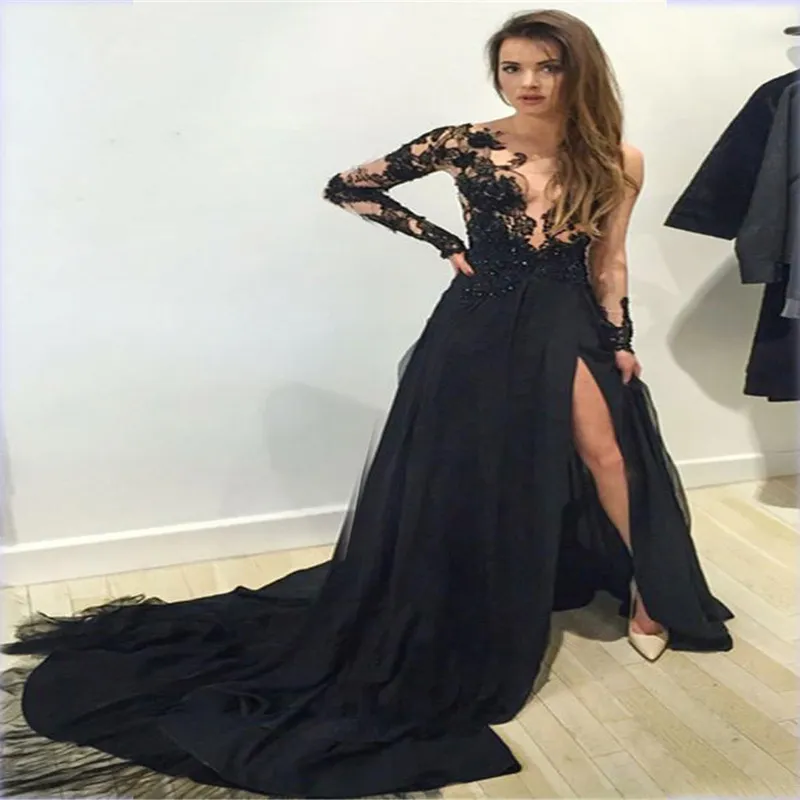 2018 Elie Saab Sexy mangas compridas preto dividir vestidos de noite Custom Made até o chão ilusão Lace Top frisada Chiffon festa Vestidos de baile