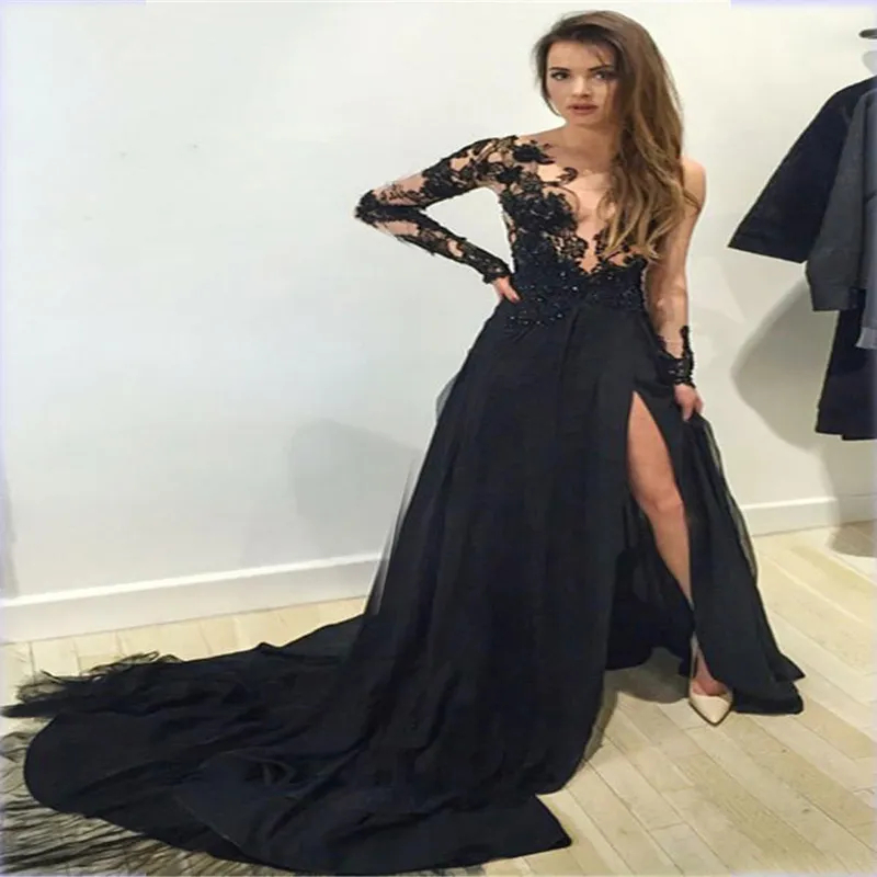 2018 Elie Saab Sexy Long Sleeves Black Split Evening Dresses Custom Made Floor Length Illusion Lace Top Beaded Chiffon Party Prom Dresses