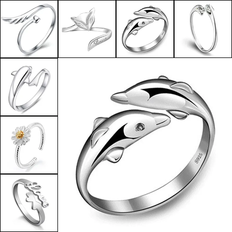حلقة الفضة إصبع الكريستال تاج الدلافين Dragonfly Angel Fox Heart قابلة للتعديل للنساء للأطفال المجوهرات ويل و Sandy