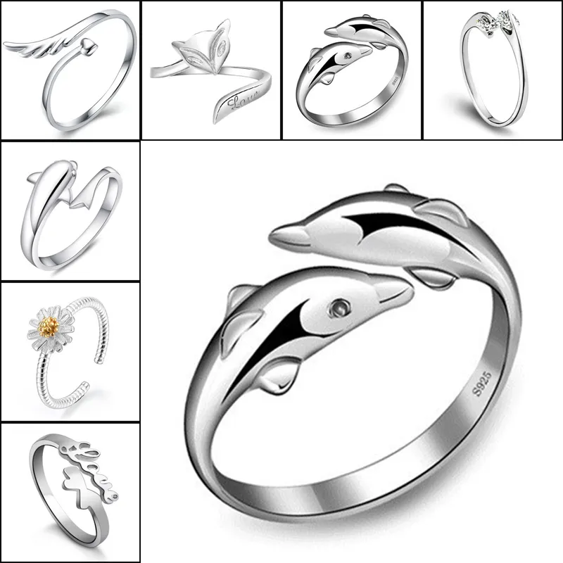 Bague en argent doigt cristal couronne dauphins libellule ange renard coeur anneaux réglables pour femmes enfants mode bijoux volonté et sable