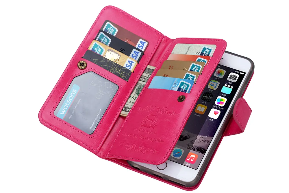 Custodia in pelle a portafoglio con 9 carte staccabile magnetica 2in1 iphone 5 5s se 6 6s iphone 7 Galaxy s4 s5 s6 s6 edge s7 60 pz/lotto