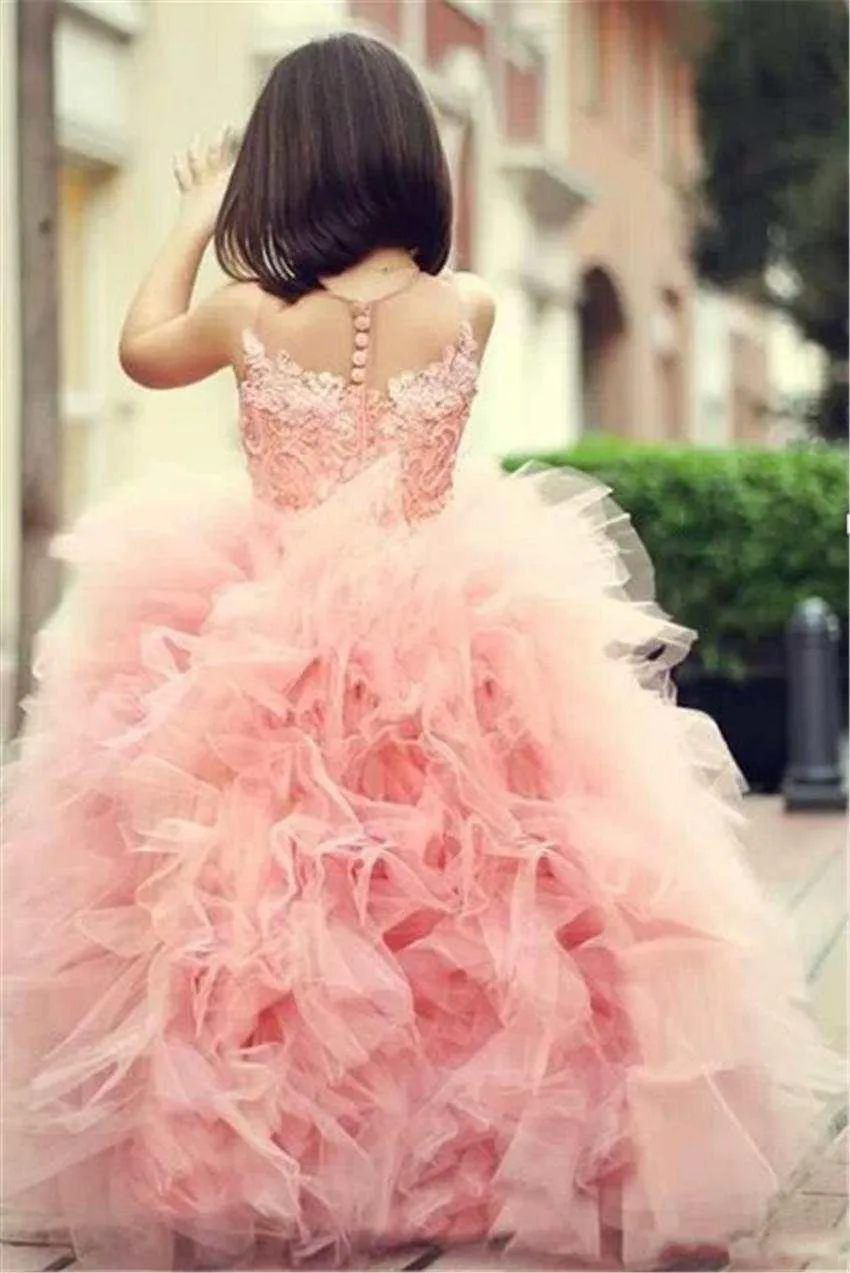 Niedliche Ballkleid-Tutu-Blumenmädchenkleider für Hochzeiten, gerüschter Tüllrock, bodenlange Spitze, rosa Mädchen-Festzug-Kleider, Kleinkind-Kleider