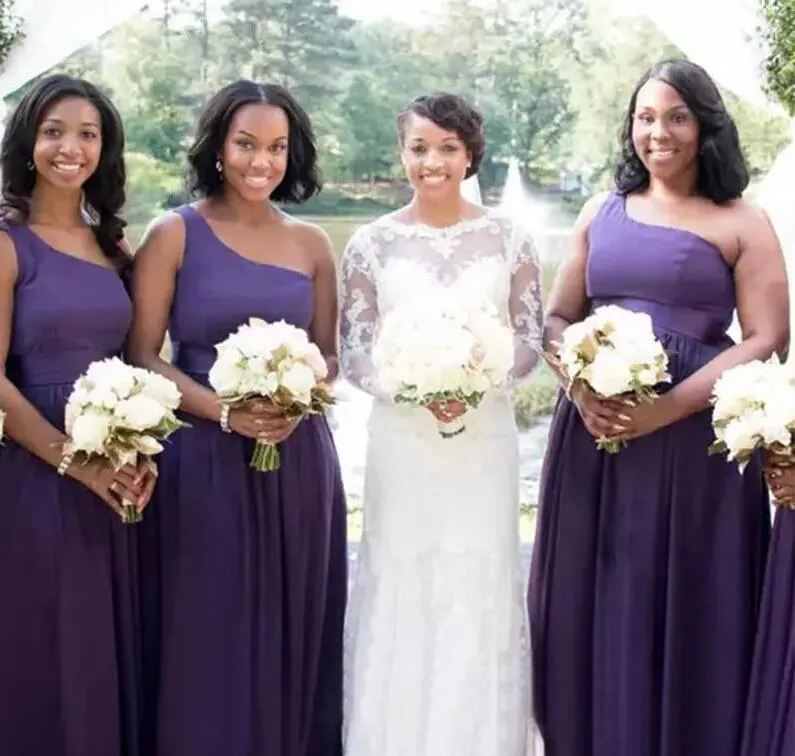 En axel-afrikansk brudtärna klänningar golvlängd sida slits billig bröllop gästklänning blygsam chiffon brudtärna prom klänningar
