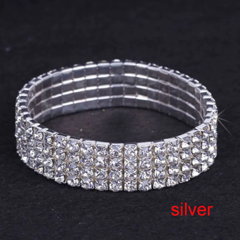 12 stycken 4 Row Crystal Diamante Rhinestone Elastic Bridal Bangle Armband Stretch hela bröllopstillbehör för kvinnor266K