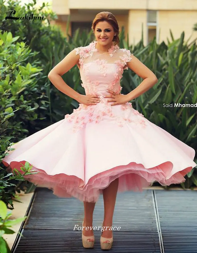 2019 Hellrosa Cocktailkleid, Neuankömmling, Applikation, kurzes Eventkleid, Heimkehr-Partykleid in Übergröße