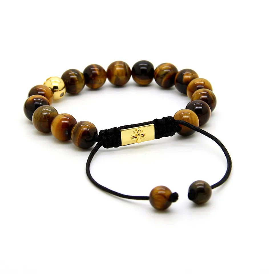 Nouveau En Gros / Hommes Plaqué Or Clair Cz Avec 10mm Tiger Eye Pierre Perles Tressage Bracelet