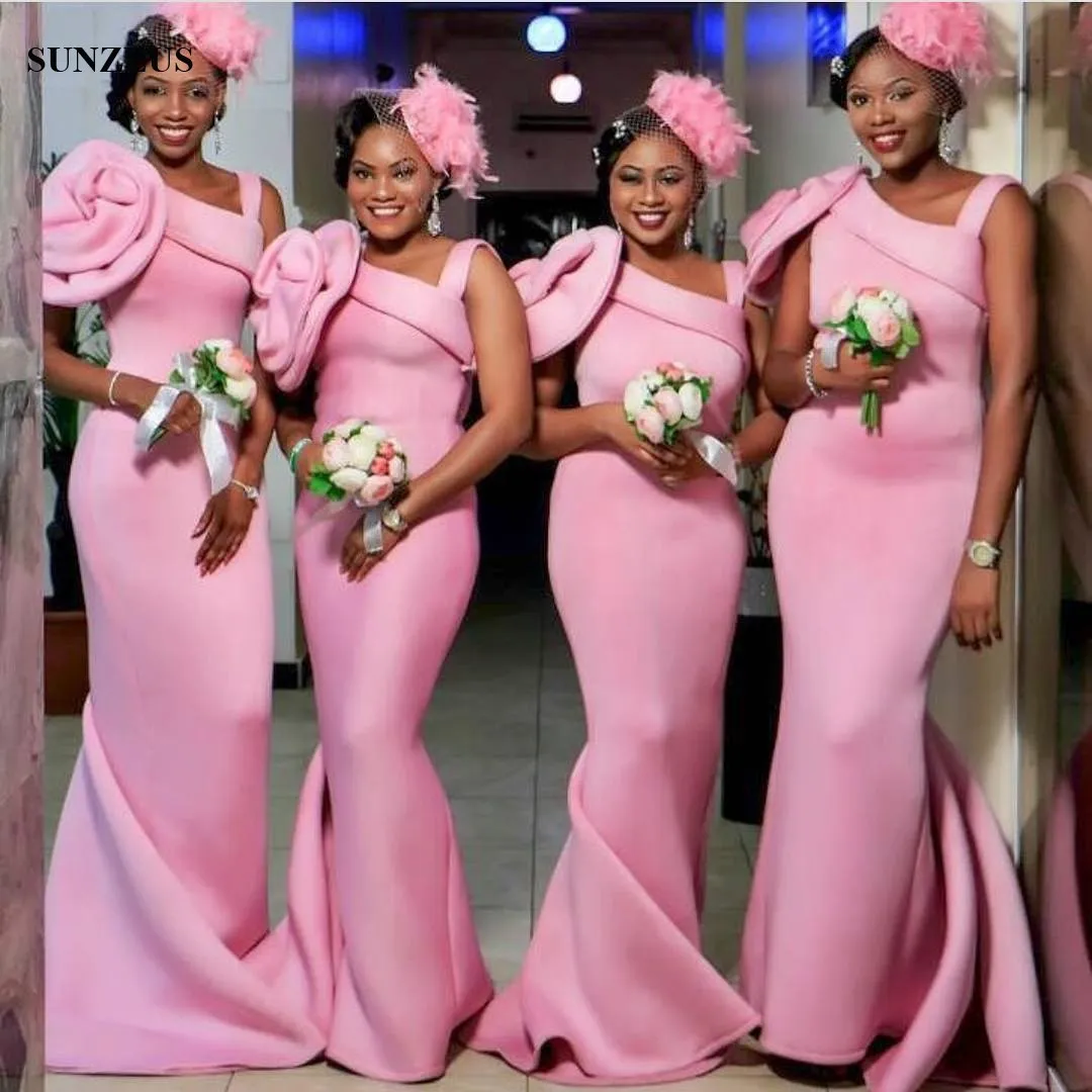 Long Pink Mermaid Pink Satin Bridesmaid Dresses With Big Flower Detail For Black Women Perfect For Weddings And Formal Parties From Verycute 47.67 DHgate.Com