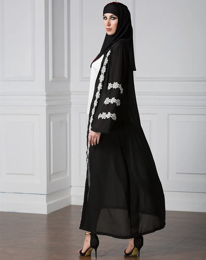 Nieuwe Mode Moslim Jurken Dubai Abaya Roaden Mooie Kant Bloem Cardigan Islamitische Abaya Etnische Kleding Elegante Open Voorlange Jurken