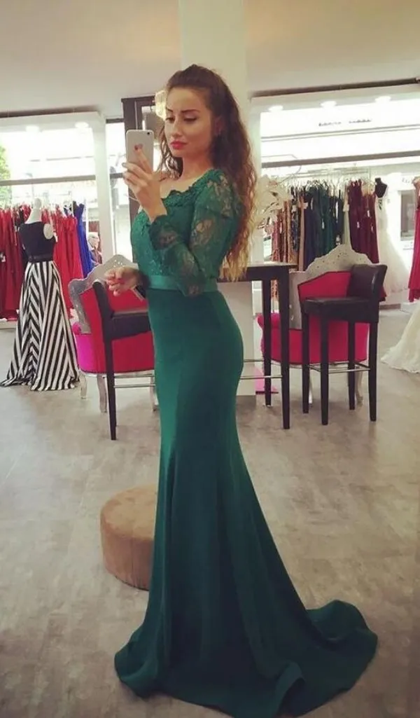 Skromne TEAL Green Formalne Suknie Wieczorowe Off The Ramię Illusion Lace Długie Rękawy Vestidos Festa Syrenki Prom Suknie z szarością