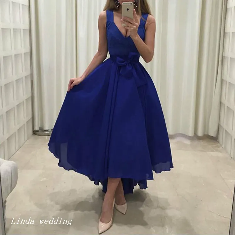 royal blue high low dress Open-Back Long Halter Prom Dress with Balloon Skirt– PromGirl main image 0