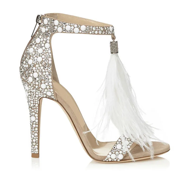 2023 Mode Plume Chaussures De Mariage 4 pouces Cristaux À Talons Hauts Strass Chaussures De Mariée Avec Fermeture À Glissière Parti Sandales Chaussures Pour Femmes Siz240v