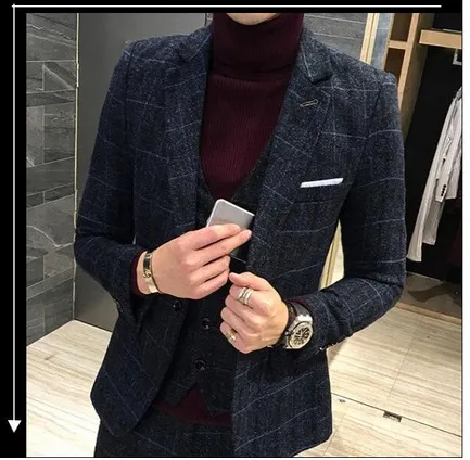 3 stuk past mannen brits nieuwste jas broek ontwerpen koningsblauw heren pak herfst winter dikke slanke fit plaid trouwjurk smoking tuxedos
