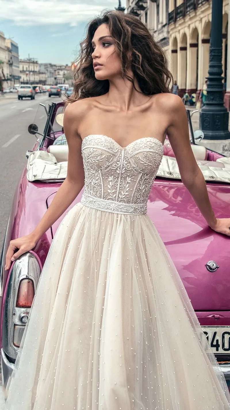 Julie Vino Abiti da sposa con perline piene Beach Sweetheart Backless Abiti da sposa Vestido De Novia Corsetto di pizzo A-Line Abito da sposa218O