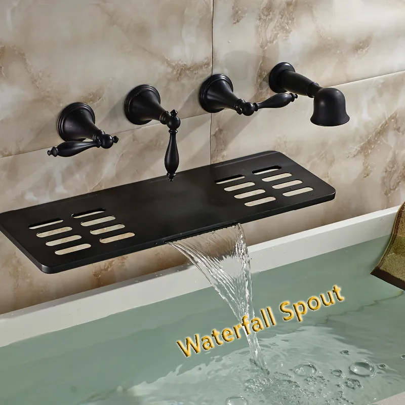 Whole And Retail Wall Mounted Bathroom Tub Faucet Oil Rubbed Bronze Waterfall Spout W Soap Dish Holder Hand Shower Sprayer250h