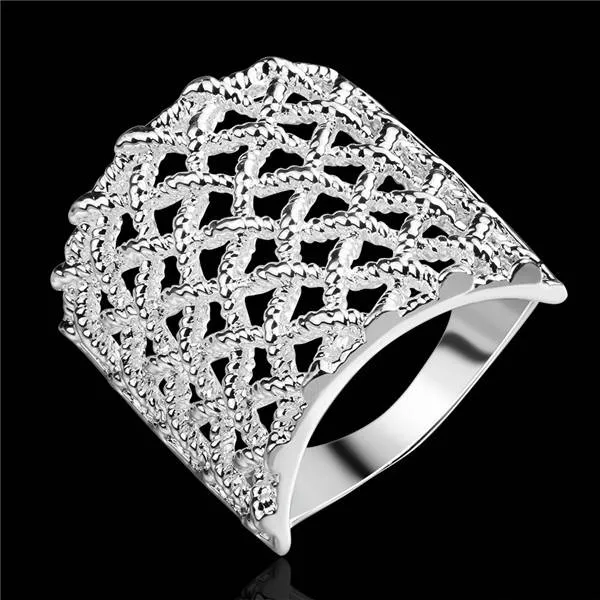 Mode Design Vierkante Grid Plated Sterling Silver Finger Ring Fit Vrouwen, Bruiloft 925 Silver Plate Rings Solitaire Ring Band Ringen ER543