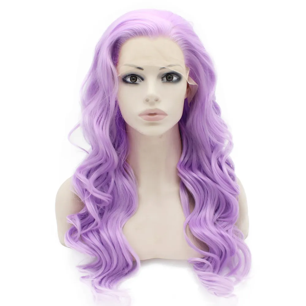 Longa mão ondulada mão amarrada lace front sintetic cabelo roxo traje peruca