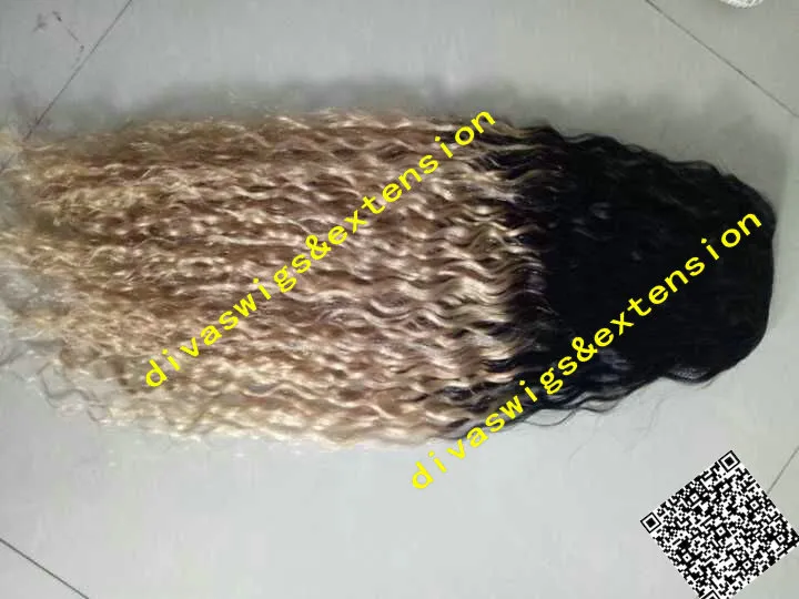 Hot New Dark Roots Ombre Blonde 1B / 27 Dziewiczy Brazylijski Głębokie Kręcone Ludzkie Włosy Ombre Ponytail Clip w blond rozszerzenia włosów 20inch 140g