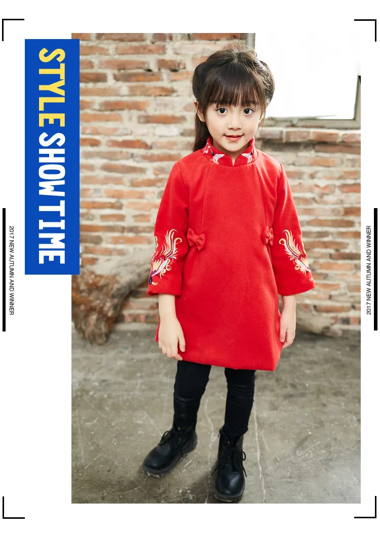 중국 스타일 여자 수 놓은 cheongsam 드레스 2018 가을 겨울 신년 드레스 어린이 의류 아기 소녀 의류 두꺼운 아이 의류