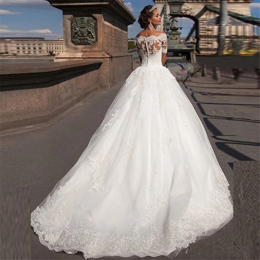 Brautkleider 2019 vestidos de novia Spitze Kurzarm U-Boot-Ausschnitt Kapelle Zug Ballkleid bodenlangen Spitze Brautkleider