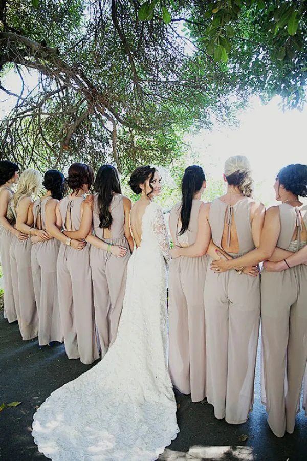 Новый Специальный Средства Дрюки Bluids Bridesmaids Шифон Брюки Костюмы Подружки Подружка невесты Платье свадебные Гостевые Брюки Костюмы Сексуальная Открыть Назад Вырезать