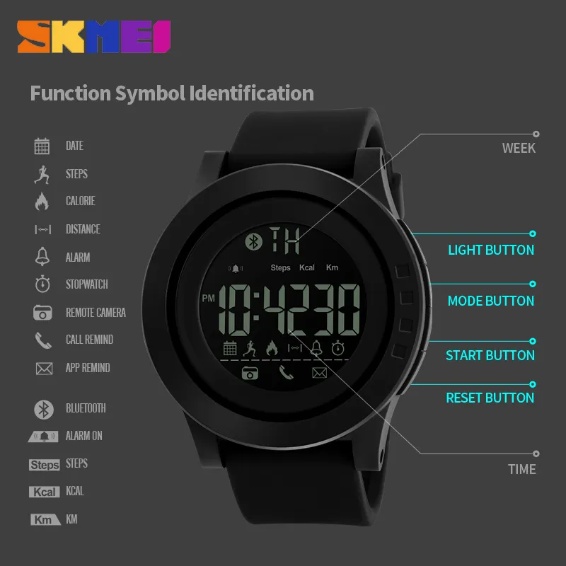 Reloj inteligente universal SKMEI 2019 para hombres y mujeres cámara de control remoto multifunción de calorías 50M reloj inteligente digital para hombres SmartWatch Rel
