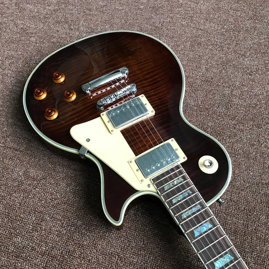 Neuankömmling, heiß verkaufte Custom-Shop-E-Gitarre in brauner Farbe mit Chrome-Hardware, bunten Intarsien, hochwertige Gitarre