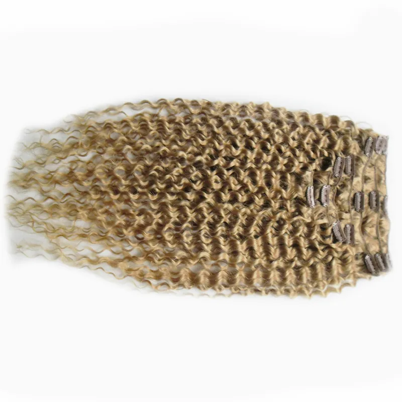 Brasilianisches reines Haar, honigblond, Afroamerikaner, verworrene lockige Clip-in-Haarverlängerungen, 100 g, 7 Stück, Clip-in-Echthaarverlängerungen