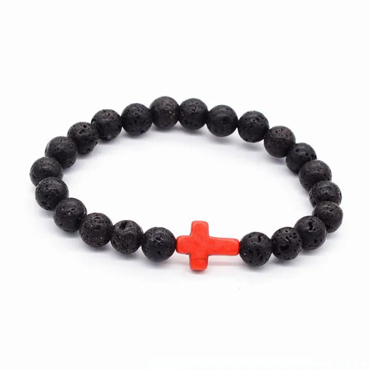 Nw Fashion Lava-rock Round Bead Cross Charm Bracelet Anti-fatigue Lava Brracelets Aromatherapy Rssential Oil Diffuser Jewelry