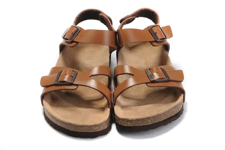 Kända märke platt sandaler män kvinnor skor kvinnliga dubbla spänne klassiker gladiator slipper äkta läder tofflor med orignal box