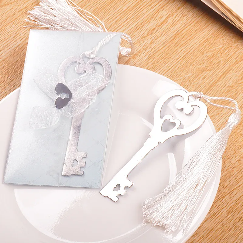 Metal "Key to my Heart" Heart-shaped Key Bookmark with White-silk Tassel wedding party Gifts favors WA1849