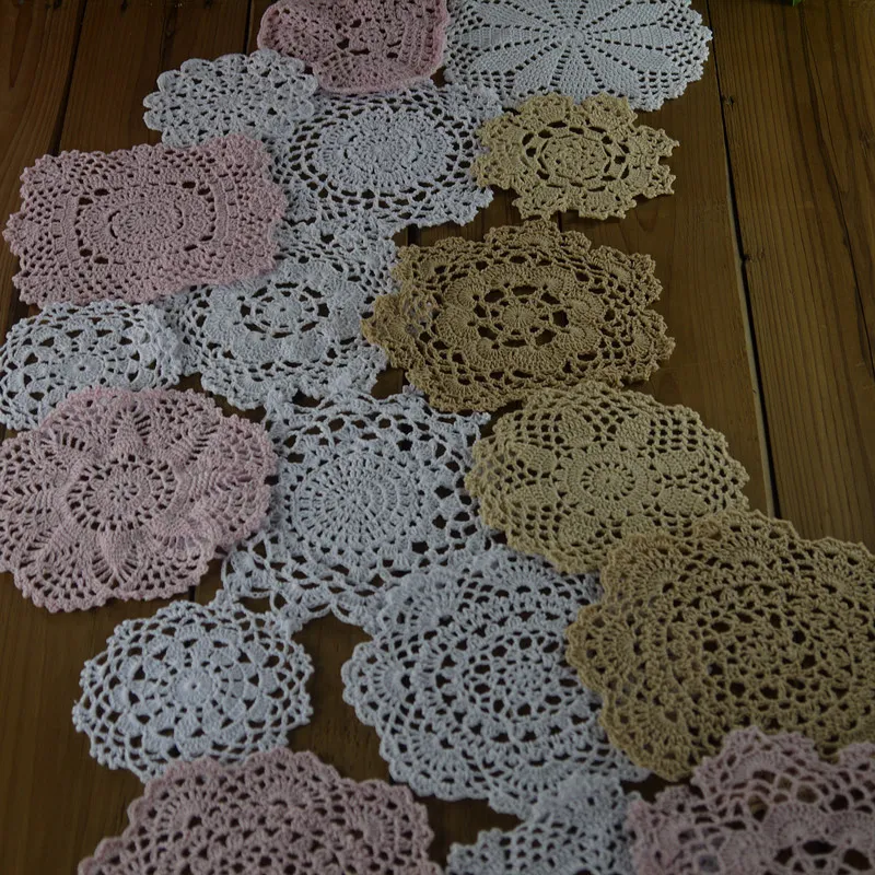 Set med 24 st Crocheted Doilies, Bordservett 6 Beige 12 Vit 6 Rosa, Heart Square Round Coaster, doily för virka hemtextil