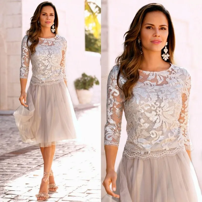 Abiti corti formali per la madre della sposa Girocollo con paillettes Top impreziosito Maniche trasparenti a 3/4 Abito da sposa al ginocchio